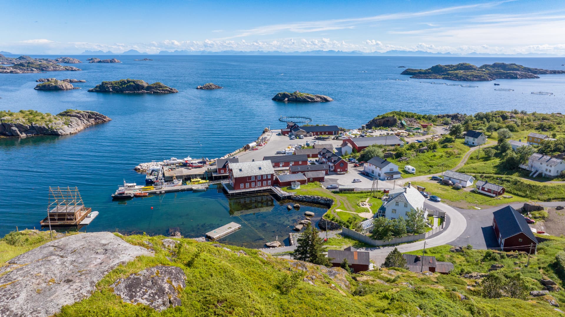 Ure harbour and the surrounding islands from above on a clear summer day